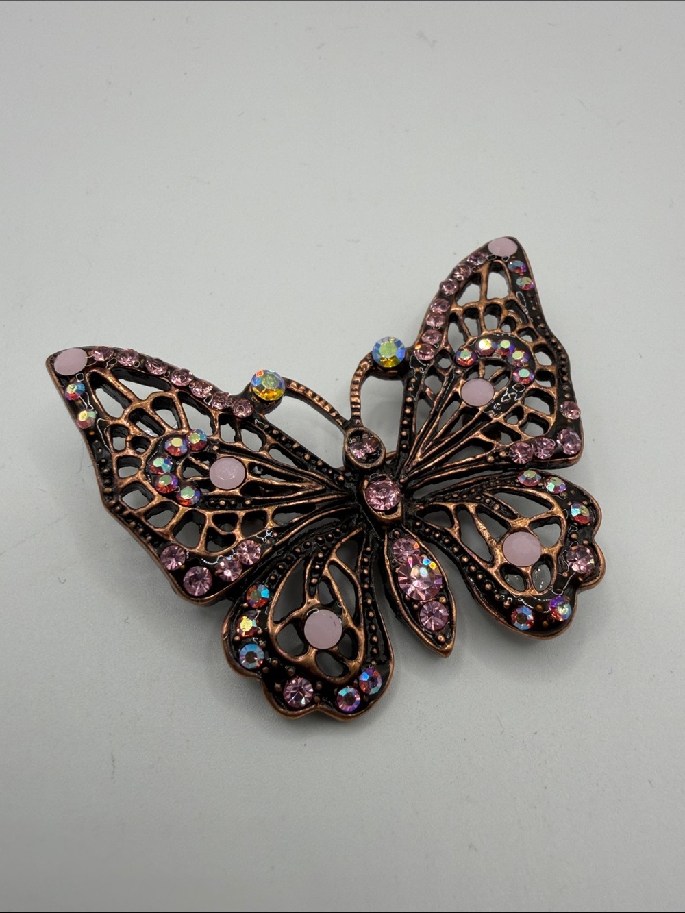 Vintage Style Butterfly Brooch Pink AB Rhinestones Antiqued Copper Tone